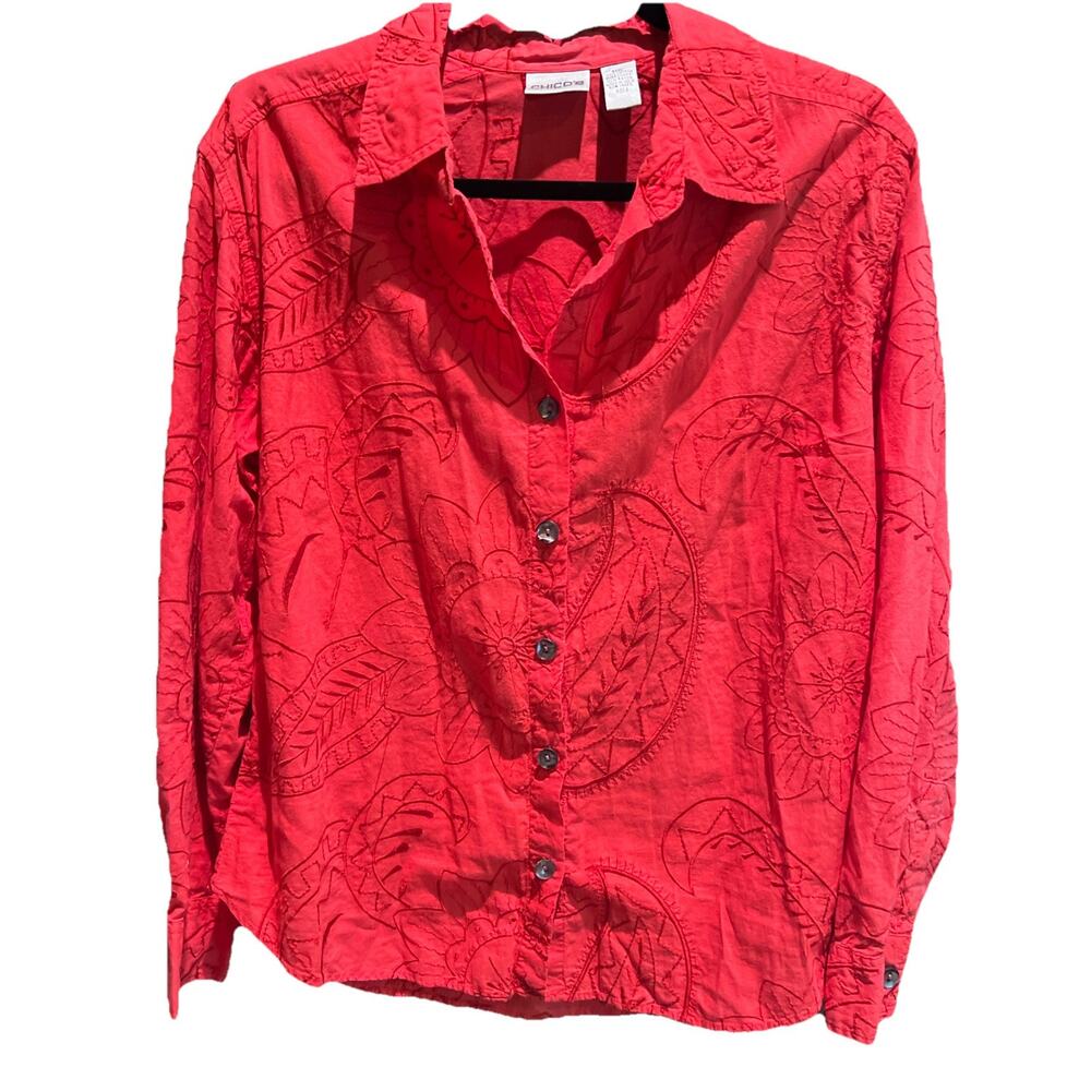 Chicos size 2 Button Down Top Womens Large Orange embroidered Paisley